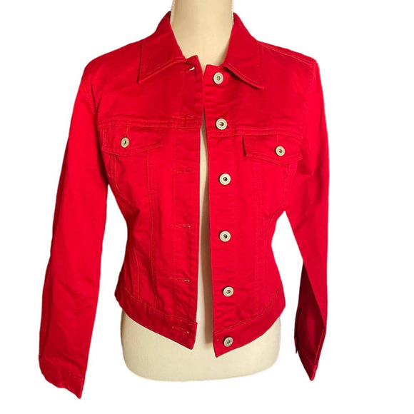 Gap Womens Button-Up Denim Jean Jacket Long Sleeve Chest Pockets Size S Red - Picture 1 of 7